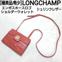 【極美品/希少】LONGCHAMP エンボスホースロゴ ショルダーウォレット 長財布 ロングウォレット ポーチ サコッシュ シボ革 レオパード 赤茶_画像1