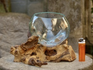 吹きガラスの花瓶+流木台座 h16cm アクアリウム水槽 テラリウム ガラスオブジェ メダカ鉢　玄関飾り 0328b