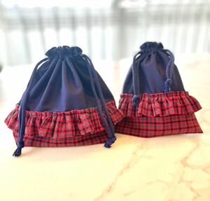 【受注生産】紺×赤チェックギャザーフリル　ランチセット ハンドメイド お弁当袋 きんちゃく袋 巾着 巾着袋