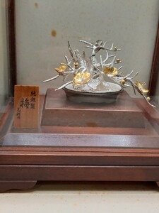 ★光則作/純銀製　盆栽　梅　2号　silver ornament 置物　木製台 ガラスケース入り　0220HA