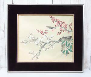 近代芸術　アート＊大型作品　日本画　絹本＊紅白梅鶯　梅花　花鳥　鳥獣＊杉原大栖　銘　在銘　落款 すぎはら たいせい　TAISEI SUGIHARA 