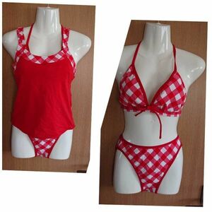 * red × white * block check pattern. bikini 3 point set * tankini *M* made in Japan *