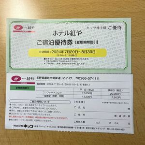 キッツ 株主優待 ホテル紅や 夏期間割引券　１枚(在庫2枚、入札１で１枚)(2024.7.20～2024.8.30まで)