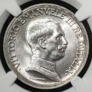 【希少高鑑定品！！】１９１４年イタリア　ヴィットリオ・エマニュエーレ３世　統一王国２リレ銀貨 　NGC MS65