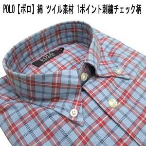 春 POLO 綿1P刺繍BDシャツ ツイル/チェック柄 ブルー×赤 LL