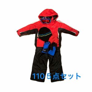 【美品】スノーウェア上下 小物 5点セット スキーウェア 赤黒 110㎝