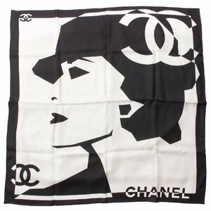 【シャネル】Chanel　ココマーク ロゴ シルク スカーフ ブラック×ホワイト 未使用【中古】【正規品保証】200072