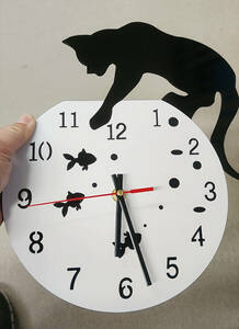 DIY掛け時計 黒猫と金魚のデザイン 壁時計 ウォールクロック インテリア 静音動作 ネコ 飾り時計 