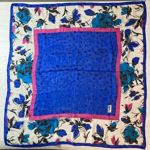イブサンローラン　スカーフ　シースルー　花柄　ブルー系　約89×85cm