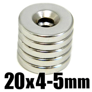 ◆ 穴あき 丸形 マグネット ◆ ネオジム 超強力 磁石 ◆ 直径20mm x 厚み4mm（ネジ穴 5mm）【５個セット】