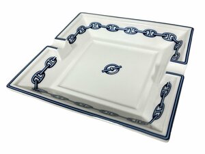 【美品】HERMES エルメス シェーヌダンクル スクエアプレート 灰皿 サイズ 約15.5cm 本体のみ 洋食器 ブルー フランス製 西洋陶磁 お洒落