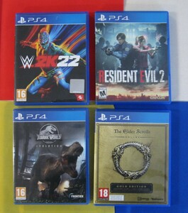 056) 海外版PS4ソフト４本セット　WWE 2K22/Resident Evil 2/JURASSIC WORLD EVOLUTION/The Elder Scrolls Online: Gold Edition