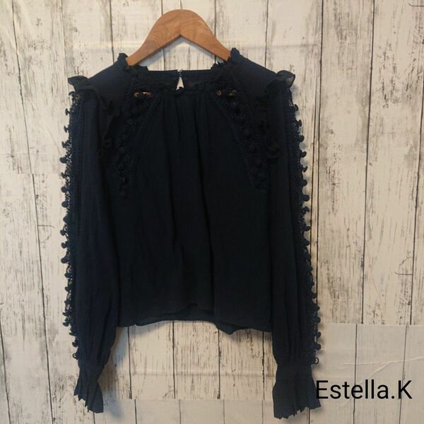 Estella.K エステラケー レース ボタン ブラウス ネイビー