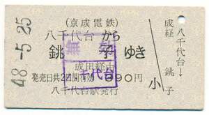 京成電鉄　国鉄連絡常備片道乗車券　八千代台から　銚子ゆき　成田経由