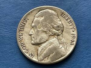 ☆外国銀貨【1943(S)年アメリカ5セント銀貨：ジェファーソン、カタログ値（Silver350、約5ｇ）】銀貨　F278☆