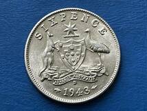 ☆【1943年オーストラリア6ペンス銀貨：未使用、ジョージ6世、カタログ値（2.82ｇ、silver925）】銀貨　M338☆_画像1