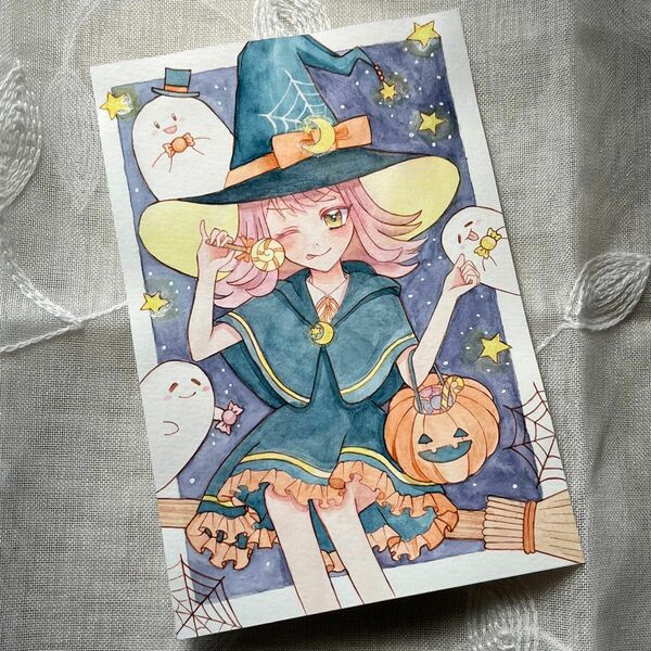 オリジナル 手描き イラスト ポストカード 「魔女とおばけ」