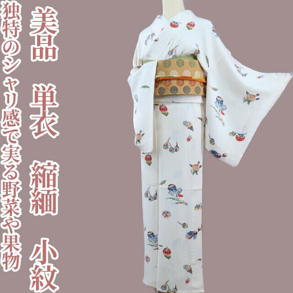 【ゆめsaku】美品 単衣 縮緬 正絹 着物“個性的な色と独特のシャリ感で実る野菜や果物”小紋 F-65
