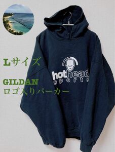 アメリカ古着 GILDAN ネイビー パーカー トレーナー Lサイズ ロゴ入り hotheadsports