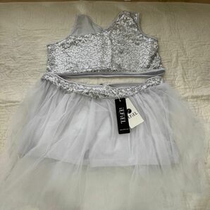 ダンス衣装　バレエ　スパンコール　キャミソール　チュール付きパンツセット　白　150 ホワイト　シルバー　キラキラ