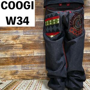 COOGI クージー ブラックデニム ブラックジーンズ 極太 w34 刺繍 黒 ストリート b系 オーバーサイズ y2k ジーパン Gパン ビッグサイズ