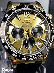 新品 TECHNOS テクノス 腕時計 正規品 アナログ腕時計 クオーツ カレンダー クロノグラフ 防水 ラバーベルト ゴールド ブラック プレゼント