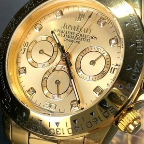 8石天然ダイヤモンド付き 新品 JAPAN KRAFT ジャパンクラフト 腕時計 正規品 クロノグラフ 自動巻き オートマティック 防水 ゴールド 金の画像3