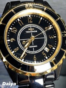新品 テクノス TECHNOS 正規品 腕時計 アナログ腕時計 クオーツ セラミック カレンダー 3気圧防水 ゴールド ブラック メンズ プレゼント