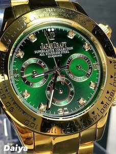 8石天然ダイヤモンド付き 新品 JAPAN KRAFT ジャパンクラフト 腕時計 正規品 クロノグラフ 自動巻き オートマティック ゴールド グリーン