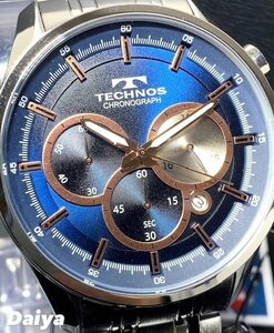 新品 TECHNOS テクノス 腕時計 正規品 アナログ腕時計 クオーツ クロノグラフ カレンダー ステンレス 5気圧防水 メンズ ブルー プレゼント