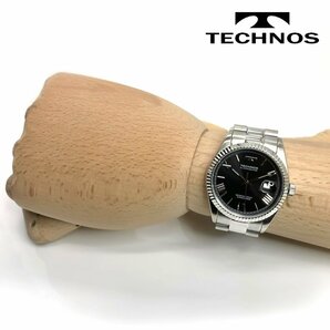 【1円 新品正規品】TECHNOSテクノスメンズクォーツ腕時計アナログラウンドステンレスベルト5気圧防水三針デイトカレンダーブラックシルバーの画像6