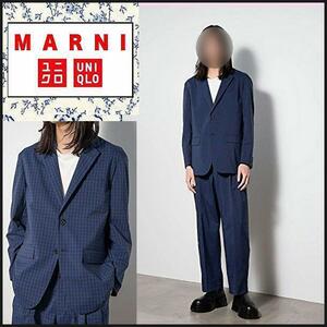 【マルニ×ユニクロ　MARNI×UNIQLO】シングルスーツセットアップ チェック 　ブルー　XL　カジュアル　テーラードジャケット＋パンツ　