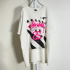 STUSSY ステューシー Tシャツ フラッグ ビッグ ロゴ プリント ホワイト ストリート メキシコ製