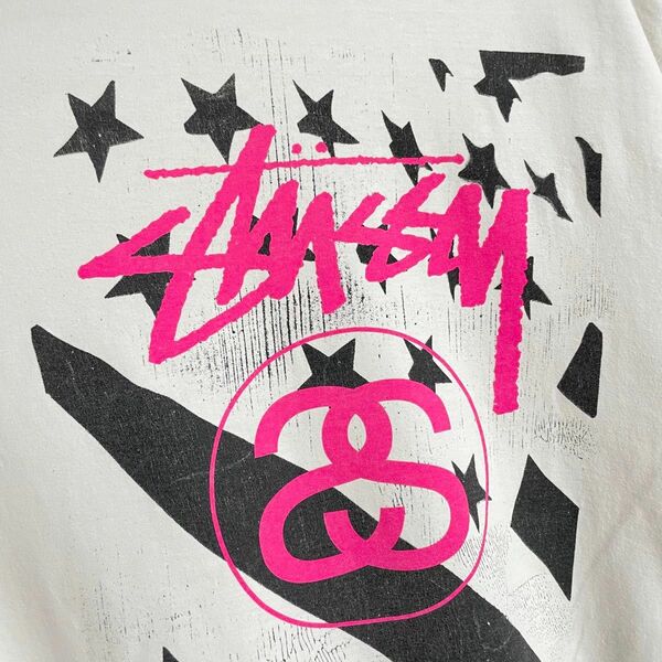 STUSSY ステューシー Tシャツ フラッグ ビッグ ロゴ プリント ホワイト ストリート メキシコ製