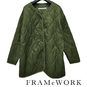 FRAMeWORK /フレームワーク レディース ノーカラー 中綿キルティング ジャケットコート カーキ フリーサイズ 薄手 a-1263