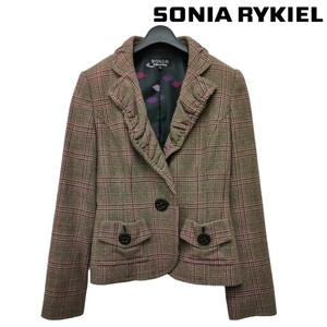 SONIA SONIA RYKIEL/ソニアリキエル レディース ウール混 テーラードジャケット ブラウン×ピンク系チェック柄 38サイズ I-3672