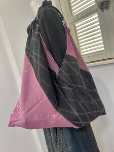 着物リメイク★ちょっと大きめエコバッグあづま袋を作りました　正絹地模様七宝＆絹紬　黒菖蒲色