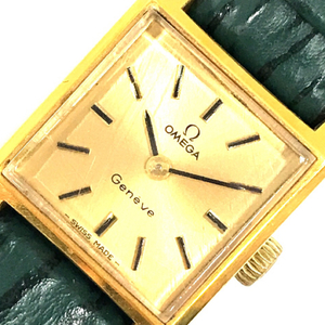 1円 オメガ 腕時計 ジュネーブ Geneve スクエア 2針 ゴールドカラー 手巻き レディース 純正尾錠 箱付 OMEGA