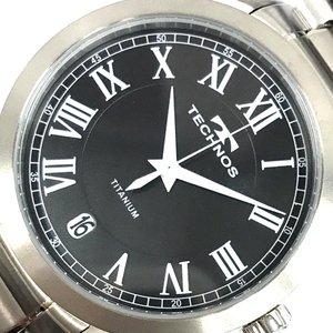 テクノス チタン デイト クォーツ 腕時計 T9B56 稼働品 メンズ ブラック文字盤 純正ブレス 付属品あり TECHNOS