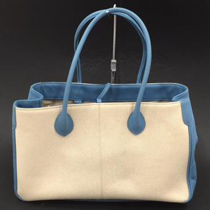 土屋鞄製作所 キャンバス×レザー ハンドバッグ 旧ロゴ 鞄 レディース アイボリー×ブルー系 保存袋付き 現状品の画像2