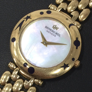 1円 レイモンド ウェイル 腕時計 5357 ラウンド シェル文字盤 ゴールドカラー金具 2針 クォーツ レディース