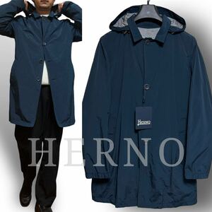 【即決OK】新品 定価9.5万 HERNO ヘルノ イタリア製 高品質 軽量 2WAY フーデット ステンカラーコート ライトコート ネイビー 52