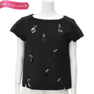 Max&Co./ Max and ko- lady's short sleeves blouse tops beads side slit unusual material switch IJ40 black [NEW]*51GC82