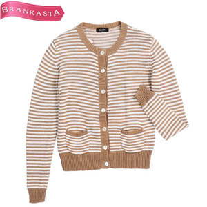 SCAPA/ Scapa cardigan tops long sleeve knitted border pattern crew neck ound-necked flax × cotton 36 beige white [NEW]*51GF98