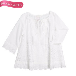 FRAGILE/ Fragile lady's six minute sleeve blouse tops cut Work embroidery race pin tuck cotton 36 white [NEW]*51FD61