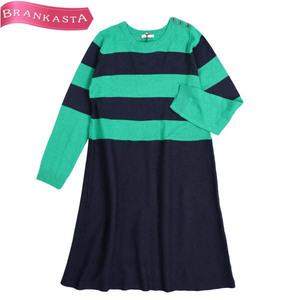 [ beautiful goods ]ELLE/ L lady's knee height knitted One-piece long sleeve border pattern bai color 40 L green navy [NEW]*61BB76