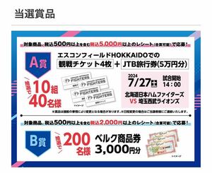 高額レシート懸賞応募☆2種応募可　JTB旅行券5万円分＋エスコンフィールド北海道観戦チケット,プロのヘアメイク体験他当たる