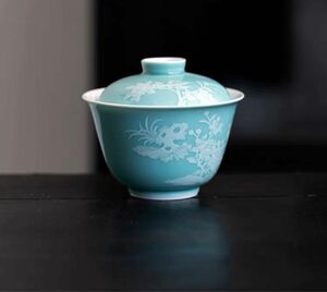 中国茶器　蓋碗　女性ぴったり　二才　堆花　ブルー