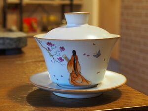 中国茶器　蓋碗　女性ぴったり　汝窯　氷裂　橙色（オレンジ）