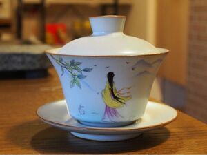 中国茶器　蓋碗　女性ぴったり　汝窯　氷裂　黄色